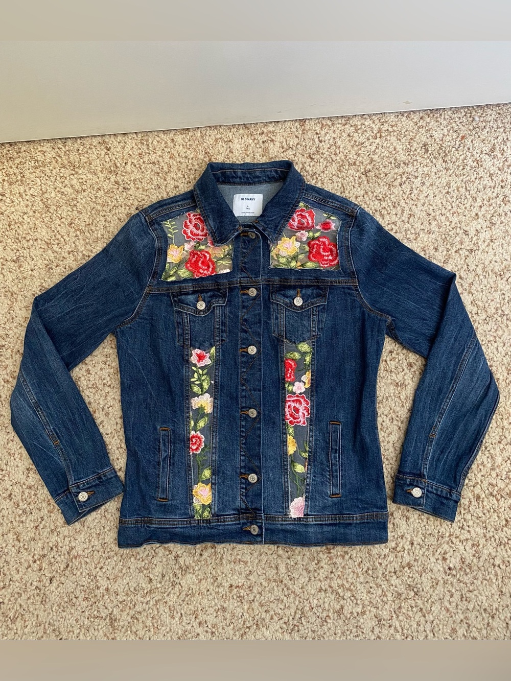 ✨ UPCYCLED Embroidered Floral Sheer Back Denim Jacket - Mesh Panels - Picture 7 of 10